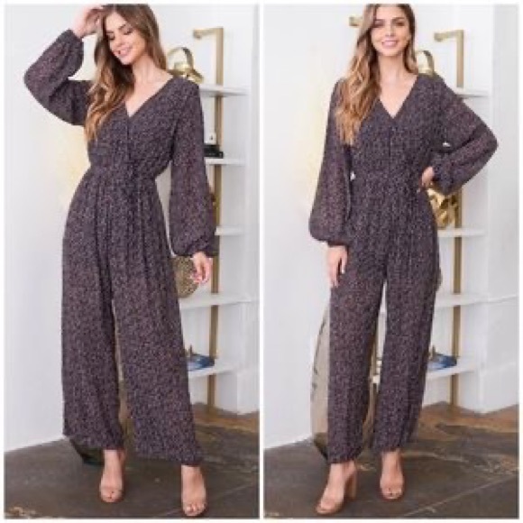 Very J Pants - VERY J Nordstrom Navy Blue Printed Dressy Long Sleeves Ankle Length Jumpsuit
